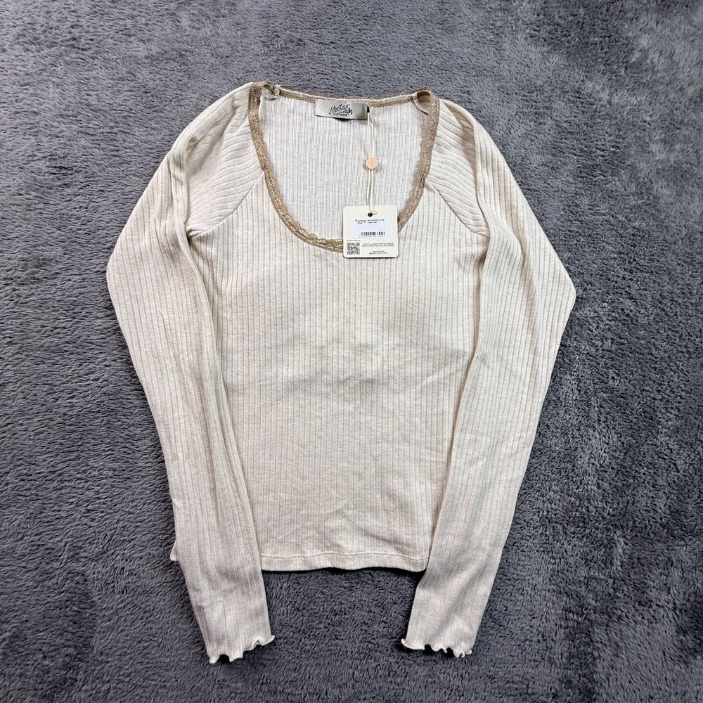 Nectar Clothing M Womens Cream Ribbed Long Sleeve Lace Trim Padded Top Blouse
